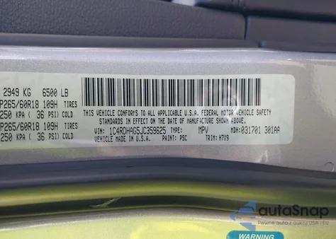 2018 Dodge Durango Sxt Rwd z USA, uszkodzony, nr VIN 1C4RDHAG5JC359625
